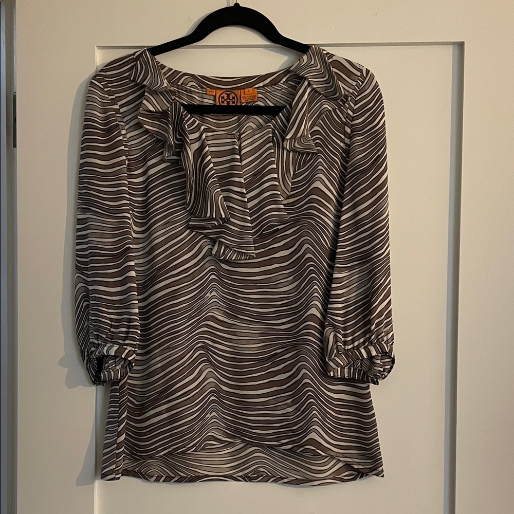 Gorgeous Vintage Tory Burch Silk Striped Black, Brown and White Top